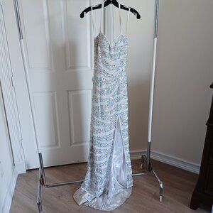 Precious Formals Silk Fully Beaded White Prom Dress with Train Size Small